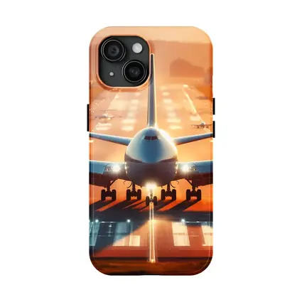 Commercial Airplane Taking Off Sunset Runway