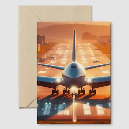 Commercial Airplane Taking Off Sunset Runway