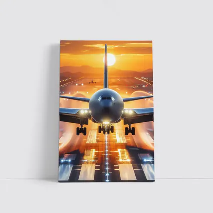 Commercial Airplane Taking Off Sunset Runway