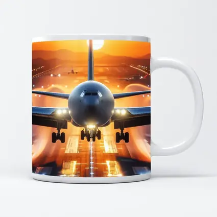 Commercial Airplane Taking Off Sunset Runway