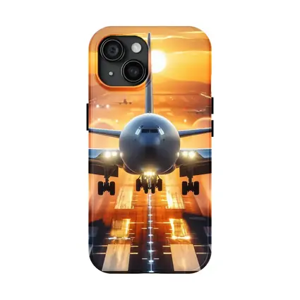 Commercial Airplane Taking Off Sunset Runway