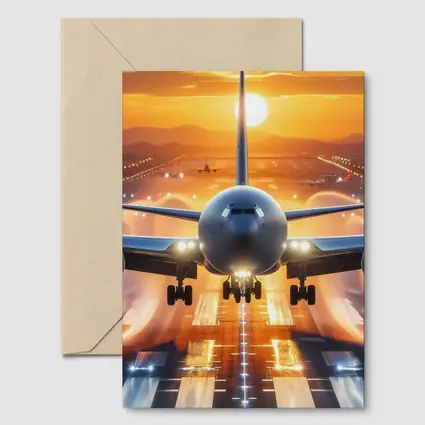 Commercial Airplane Taking Off Sunset Runway