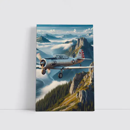 Vintage Military Trainer Plane Over Mountains