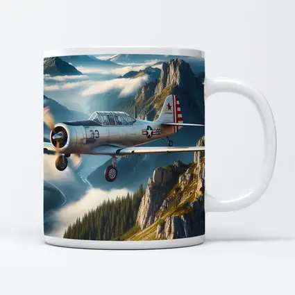 Vintage Military Trainer Plane Over Mountains