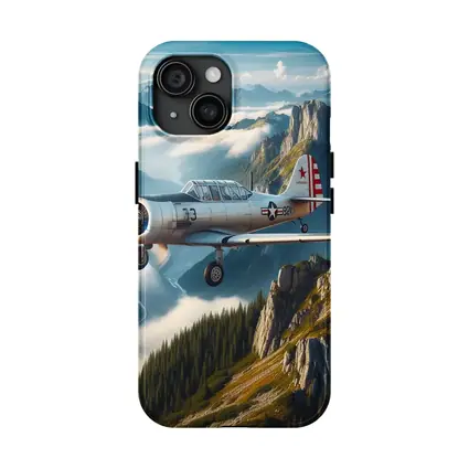 Vintage Military Trainer Plane Over Mountains