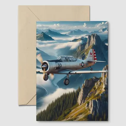 Vintage Military Trainer Plane Over Mountains