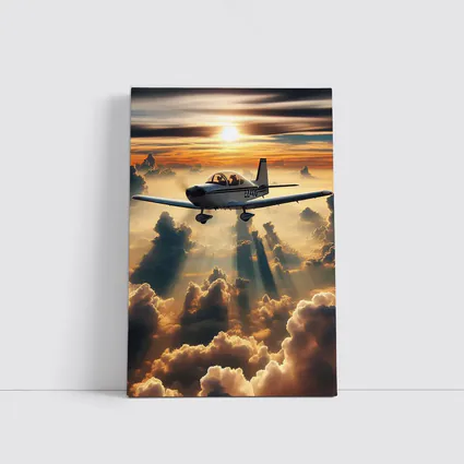 Small Airplane Flying Above Sunset Clouds