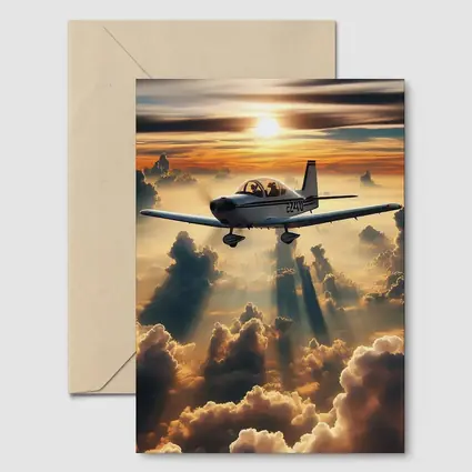 Small Airplane Flying Above Sunset Clouds