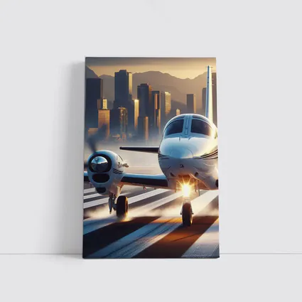 Private Jet Runway City Skyline Sunset