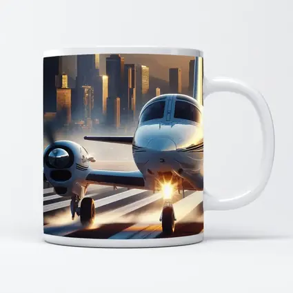 Private Jet Runway City Skyline Sunset