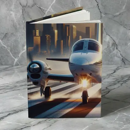 Private Jet Runway City Skyline Sunset