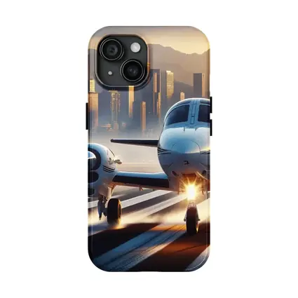 Private Jet Runway City Skyline Sunset