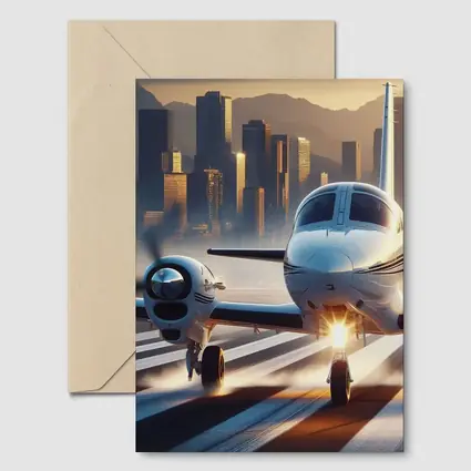 Private Jet Runway City Skyline Sunset