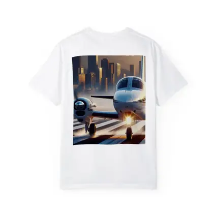 Private Jet Runway City Skyline Sunset