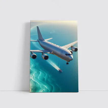 Commercial Airplane Flying Over Turquoise Ocean