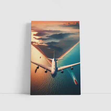 Commercial Airplane Flying Over Coastal Sunset
