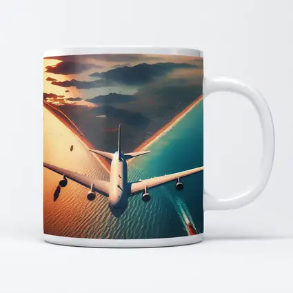 Commercial Airplane Flying Over Coastal Sunset