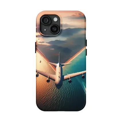 Commercial Airplane Flying Over Coastal Sunset