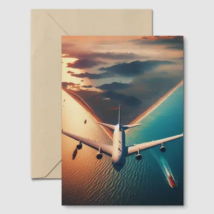 Commercial Airplane Flying Over Coastal Sunset
