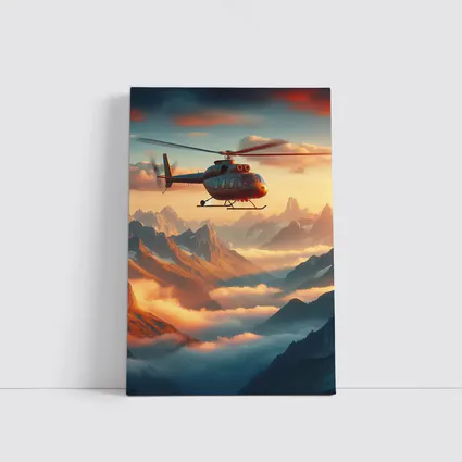 Helicopter Flying Over Misty Mountain Sunset