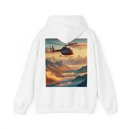 Helicopter Flying Over Misty Mountain Sunset