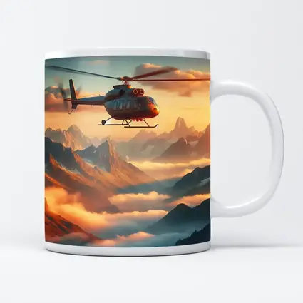 Helicopter Flying Over Misty Mountain Sunset