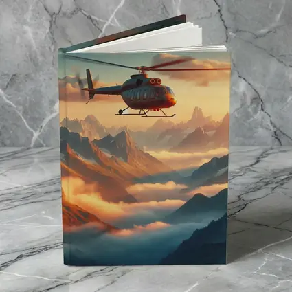 Helicopter Flying Over Misty Mountain Sunset