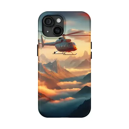 Helicopter Flying Over Misty Mountain Sunset