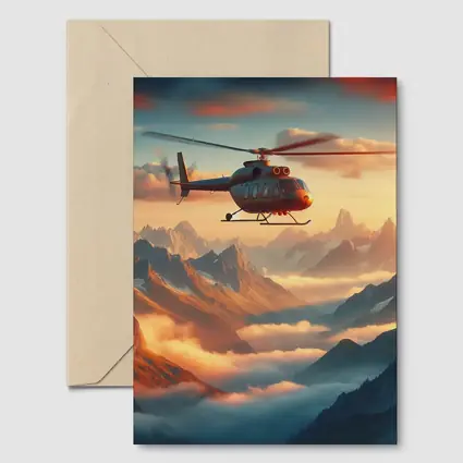 Helicopter Flying Over Misty Mountain Sunset