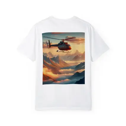 Helicopter Flying Over Misty Mountain Sunset