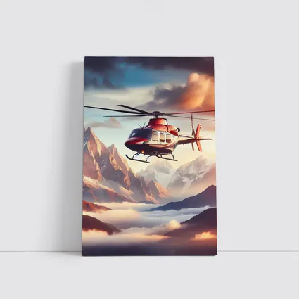 Red Helicopter Flying Over Mountain Peaks