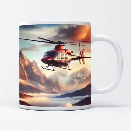 Red Helicopter Flying Over Mountain Peaks
