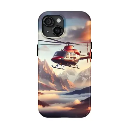 Red Helicopter Flying Over Mountain Peaks