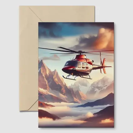 Red Helicopter Flying Over Mountain Peaks
