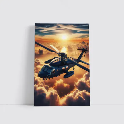 Military Helicopter Flying Above Golden Sunset Clouds