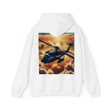 Military Helicopter Flying Above Golden Sunset Clouds