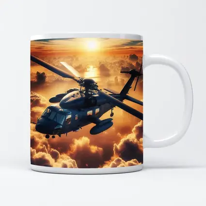Military Helicopter Flying Above Golden Sunset Clouds