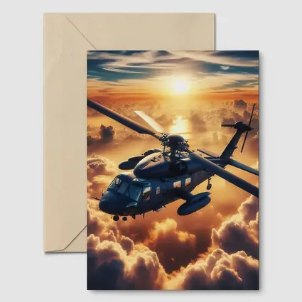 Military Helicopter Flying Above Golden Sunset Clouds