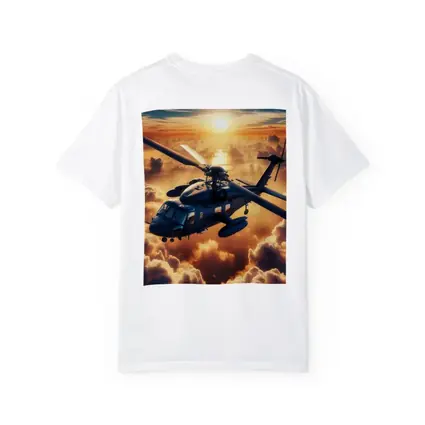 Military Helicopter Flying Above Golden Sunset Clouds
