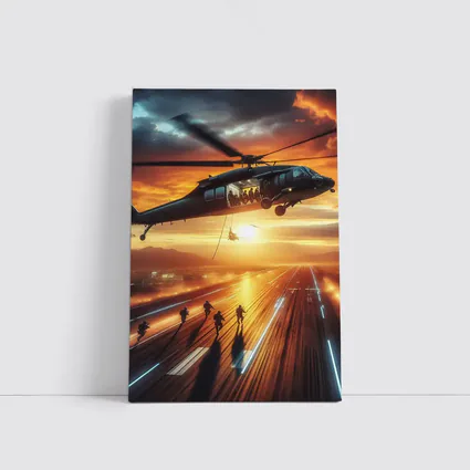 Military Helicopter Soldiers Runway Sunset Action