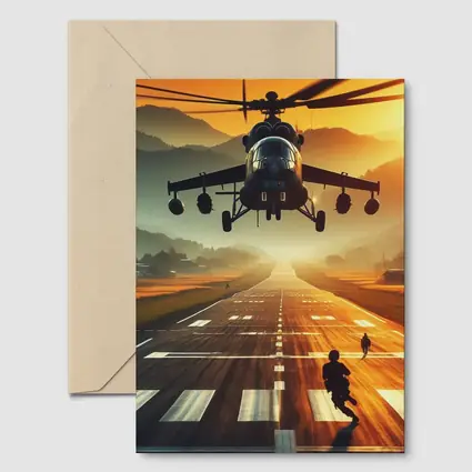 Military Helicopter Low Flying Runway Sunset