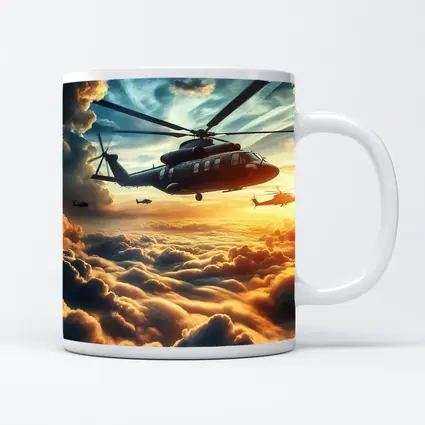Military Helicopters Flying Above Golden Clouds