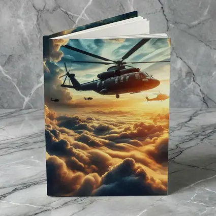 Military Helicopters Flying Above Golden Clouds
