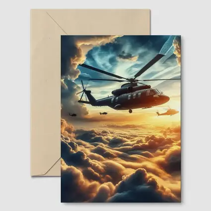 Military Helicopters Flying Above Golden Clouds