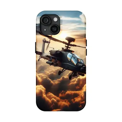 Apache Attack Helicopter Flying Through Dramatic Clouds