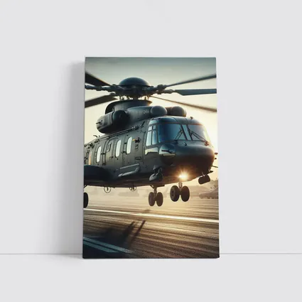 Military Helicopter Landing at Sunset Airfield