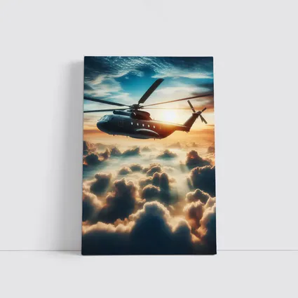 Military Helicopter Flying Above Golden Clouds