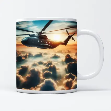 Military Helicopter Flying Above Golden Clouds