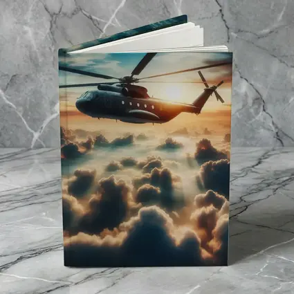 Military Helicopter Flying Above Golden Clouds
