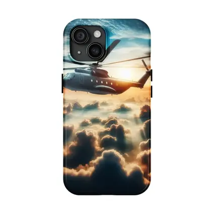 Military Helicopter Flying Above Golden Clouds